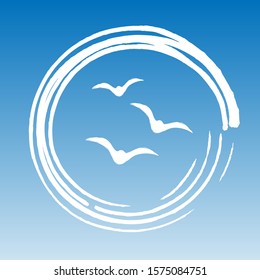 white birds silhouettes logo on blurred blue background