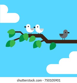 White birds standing on a branch away from a black bird, symbol of discrimination. Cute flat design vector illustration.