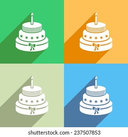 White birthday cake on colorful backgrounds long shadow