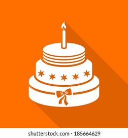 White birthday cake on orange background flat design