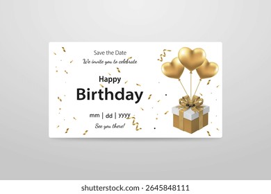 White Birthday Invitation Template with Gift Box and Golden Heart Balloons