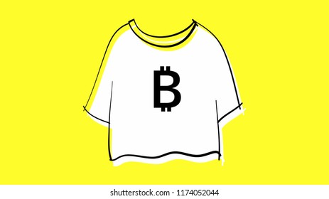 White Bitcoin icon on Casual T-Shirt on yellow background Hand Drawn Vector