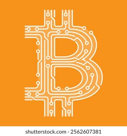 White bitcoin logo made of circuit board lines on orange background representing cryptocurrency and blockchain technology
