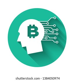 White Bitcoin think icon isolated with long shadow. Cryptocurrency head. Blockchain technology, bitcoin, digital money market, cryptocoin wallet. Green circle button. Vector Illustration