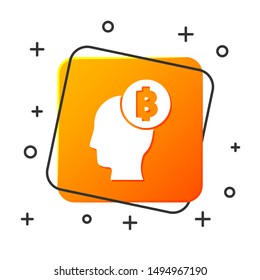 White Bitcoin think icon isolated on white background. Cryptocurrency head. Blockchain technology, digital money market, cryptocoin wallet. Orange square button. Vector Illustration