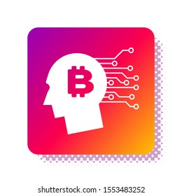 White Bitcoin think icon isolated on white background. Cryptocurrency head. Blockchain technology, bitcoin, digital money market, cryptocoin wallet. Square color button. Vector Illustration