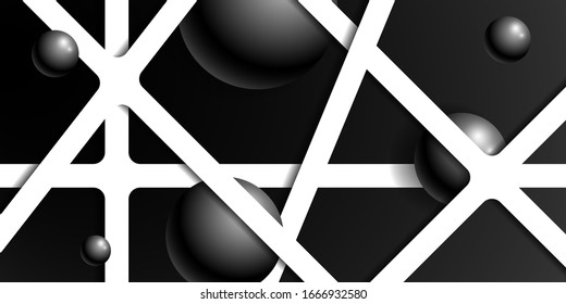 White and black 3D abstract background. Template in realistic style spheres in grid. Vector illustration with geometric forms. Horizontal banner. Design card, brochure, wallpaper, business. Stock.