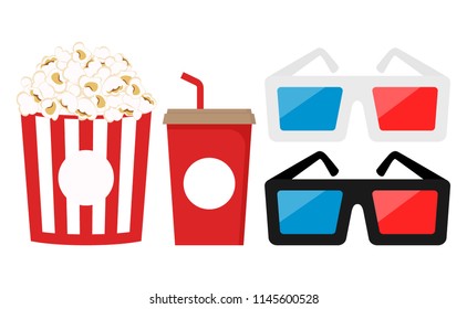 White and black 3d cinema glasses cartoon.  Popcorn in red paper box. Soda in red paper cup. Cinema clipart cartoons set.