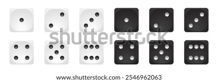 White and black 3d dice icon vector set. Six faces of game die from one to six on white background. Front cube sides with dots 1,2,3,4,5,6. Realistic gambling objects to play in casino, backgammon.