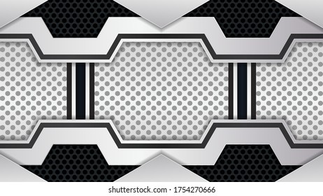 Fondo de superposición abstracto blanco y negro sobre textura perforada geométrica oscura.Fondo tecnológico moderno.