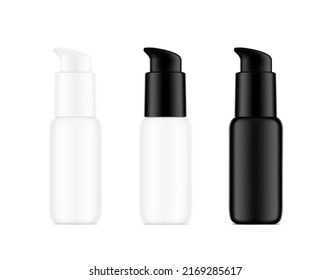 White and black airless pump bottle mockup. Vector illustration isolated on white background. Сan be used for cosmetic, medical and other needs. Symmetrical lighting scheme. EPS10.	