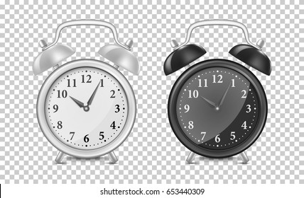White and black alarm clock icon set. Design template closeup in vector. Mock-up for branding and advertise isolated on transparent background.