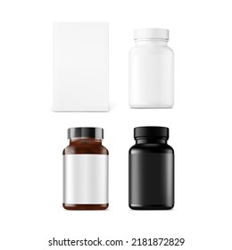 White, black and amber bottles mockup with box isolated on white background. Can be used for medical, cosmetic, food. Vector illustration. EPS10.	