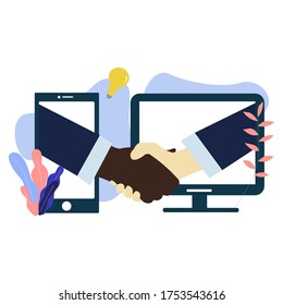 White and black American people shaking hands through computer and mobile phone screens. Online business agreement, handshake, contract