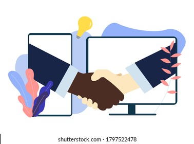 White and black American people shaking hands through computer and mobile phone screens. Handshake Partnership or business agreement illustration