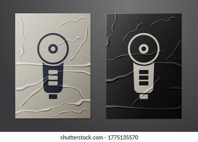 White and black Angle grinder icon isolated on crumpled paper background. Paper art style. Vector Illustration