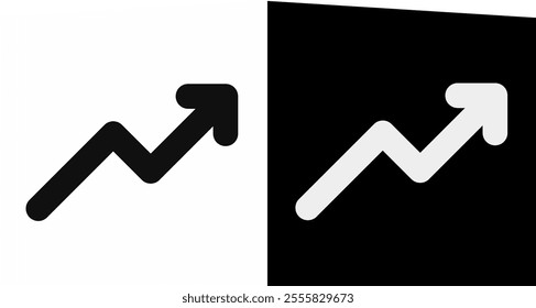 white and black arrow growing pointing up on chart graph bars icon, success graph trending upwards flat design interface infographic element for app ui ux web button, 