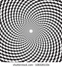 White and black arrows pattern. Spiral movement illusion. Vector art.