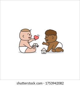 White and black baby play together with innocencea and love  illustration cartoon vector design on blue background. Racism concept.