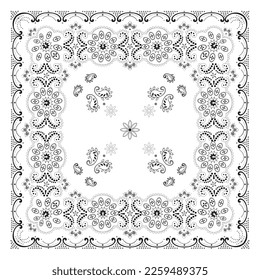 White and Black background, decorative geometric line ornament. White pattern template. Bandana shawl, tablecloth fabric print, neck scarf, kerchief design. 
