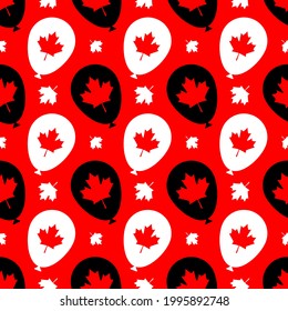 White and black balloons with red maple leaves on a red background. Seamless background for Canada Day 