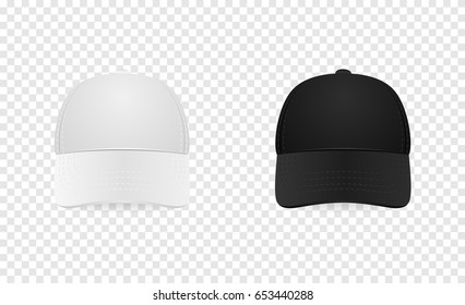 White and black baseball cap icon set. Front view. Design template closeup in vector. Mock-up for branding and advertise isolated on transparent background.