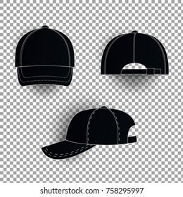 White and black baseball cap icon set. Front view. Design template closeup in vector. Mock-up for branding and advertise isolated on transparent background.