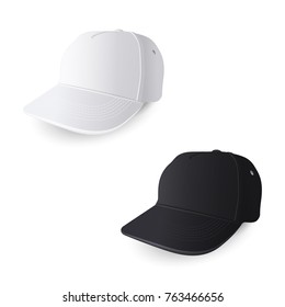 white and black baseball caps on a white background