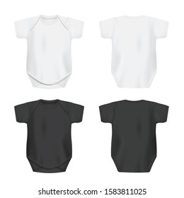 White and black blank baby bodysuit templates set in front and back view, realistic vector illustration isolated on white background. Newborns clothing mockup.