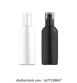 White and black blank or empty bottle for deodorant. Tube with cap or lid for perfume spray. Package vector design for hygiene. Realistic or 3d template of shave foam product. Advertising, packaging