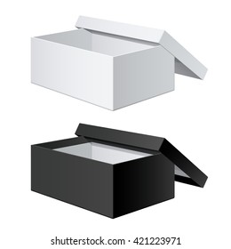 White and Black blank Package Box Opened with the cover removed. For shoes, electronic device and other products. Vector illustration