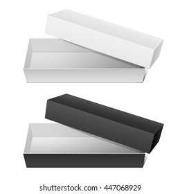White and Black blank Package Box Opened with the cover removed. For shoes, electronic device and other products. Vector illustration