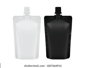 white and black blank plastic packaging doy pack isolated on white background mock up vector