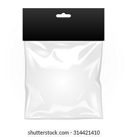 White Black Blank Plastic Pocket Bag With Shadow. Transparent. With Hang Slot. Illustration Isolated On White Background. Mock Up Template Ready For Your Design. Vector EPS10