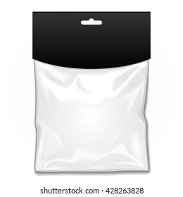 White Black Blank Plastic Pocket Bag With Shadow. Transparent. With Hang Slot. Illustration Isolated On White Background. Mock Up Template Ready For Your Design. Vector EPS10