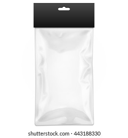 White Black Blank Plastic Pocket Bag With Shadow. Transparent. With Hang Slot. Illustration Isolated On White Background. Mock Up Template Ready For Your Design. Vector EPS10