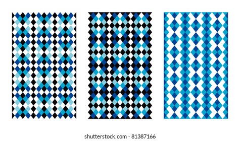 White, black and blue geometric patterns.