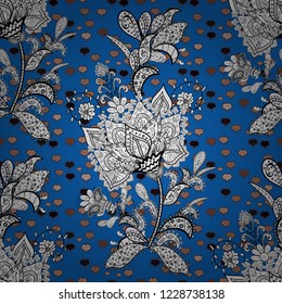 White, black and blue hand drawn pattern. Art inspiwhite, black and blue style flowers and leaves background. Vector pattern. Doodle flowers seamless pattern.