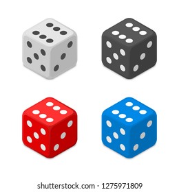 White, black, blue and red dice icon isolated on white background. Casino Dice sign. Gambling concept. Vector illustration EPS 10.