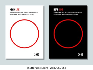 white and black booklet cover with red circle, poster vector template, annual report mockup design