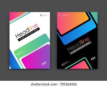 White, black business card form. Patch a4 book cover design. Fancy info board frame. Title sheet model set. Modern vector front page art. Purple, blue, green, red color square icon. Ad flyer text font