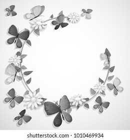 White and black butterflies card over flower background