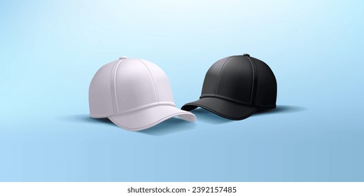 White and black cap, 3D baseball cap. Realistic image on a blue background for branding, advertising, and sports concepts. Vector