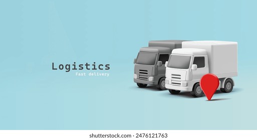 White and black cargo truck and navigation icon, 3D. Banner for logistics design concepts, transportation services, and delivery of goods. Vector