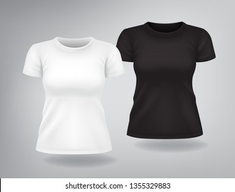 White and black casual woman T-shirts with short sleeves mock up, place for print, ready to use template - just add your print image, isolated, vector illustration