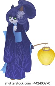 White and black cat in a dark kimono holding yellow paper lantern