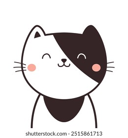 White black cat face. Cute kitten head. Line contour doodle. Kawaii cartoon funny characters. Smiling emotion. Happy Valentines Day. Love card. Childish style. Flat design. White background. Vector