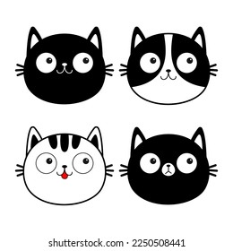 White black cat face head line contour silhouette icon set. Cute cartoon funny character. Different emotions. Funny kawaii smiling sad doodle animal. Pet collection. Flat design Baby background Vector