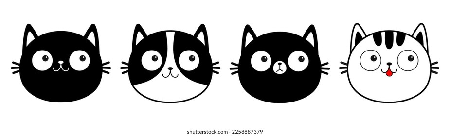 White black cat face head line contour silhouette icon set. Cute cartoon funny character. Funny kawaii smiling sad doodle animal. Different emotions. Pet collection. Flat design Baby background Vector