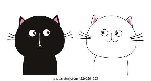 White black cat face head line contour silhouette icon set. Pet collection. Funny kawaii sad smiling doodle animal. Cute cartoon character. Pink blush cheeks. Flat design. Baby background. Vector